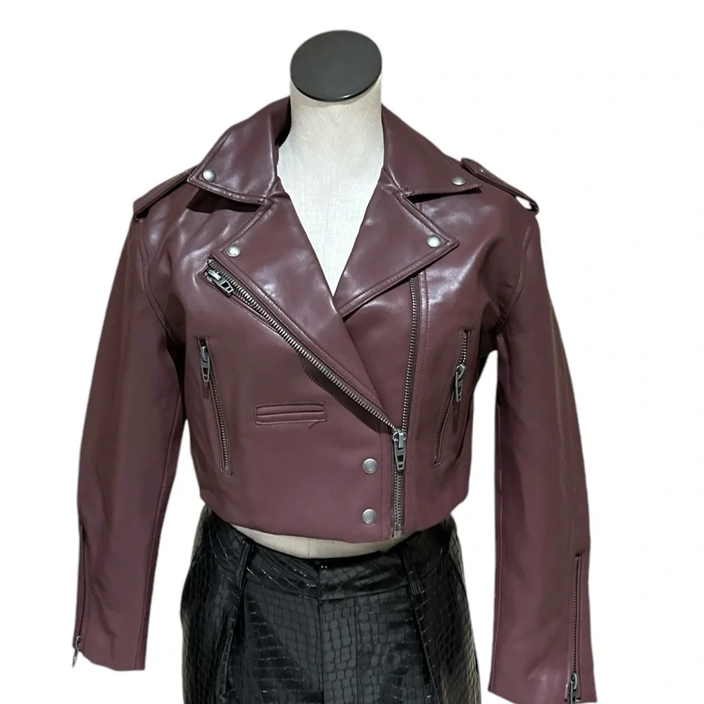 NWT  BLANKNYC Faux Leather Crop Moto Jacket- Head Over Heels / Plum - XS